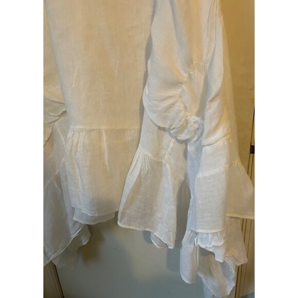 TEMPO PARIS Off White 100% Linen Artsy Dress Rauched Skirt Asymetrical Hem SZ M - Picture 13 of 16